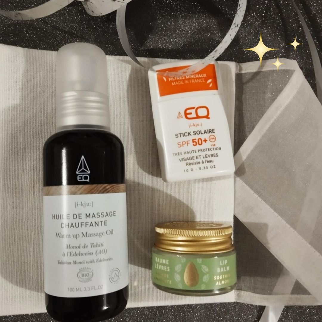 huile massage chauffante et stick SPF50 EQ Love Baume pour les lèvres Le panier des sens